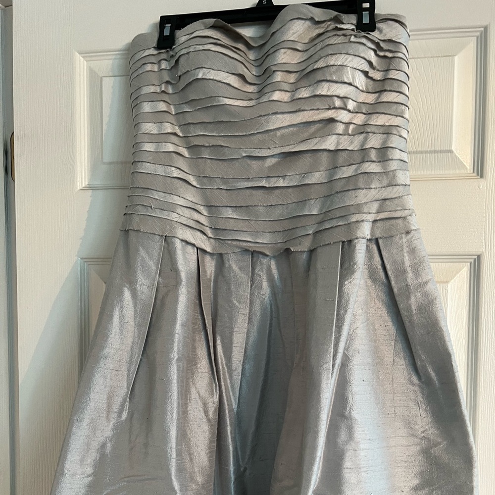 Silver Silk strapless a-line dress, size 12 great quality